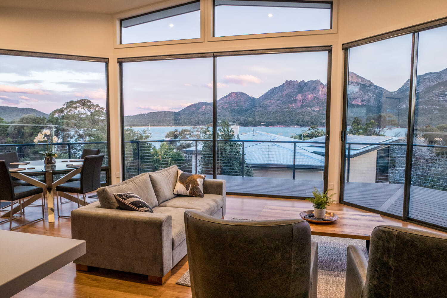 Spacious living area with 180° views of the Hazards and Coles Bay